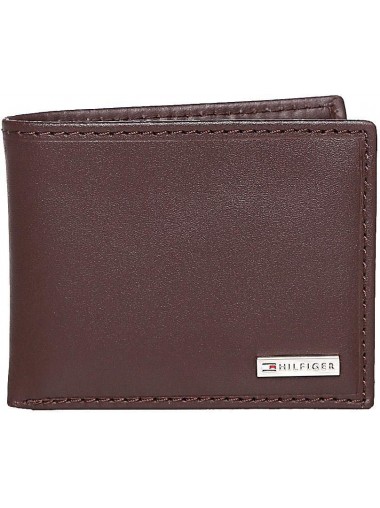 Tommy Hilfiger Men's Metal Logo Leather Passcase Wallet - Brown